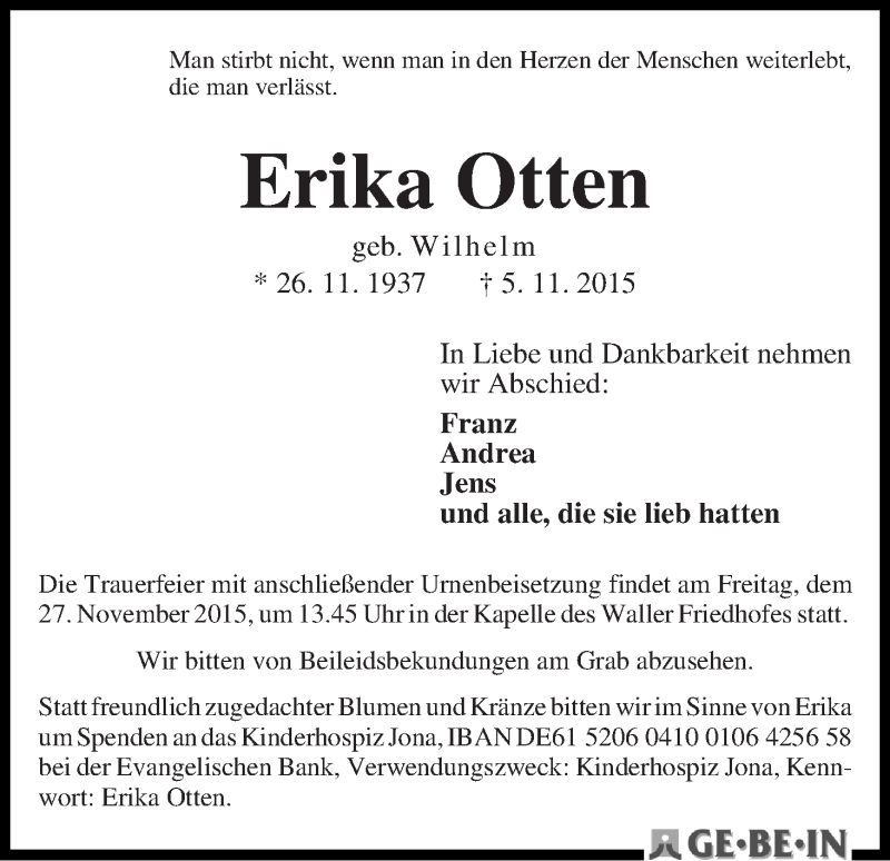 Traueranzeige von Erika Otten von WESER-KURIER