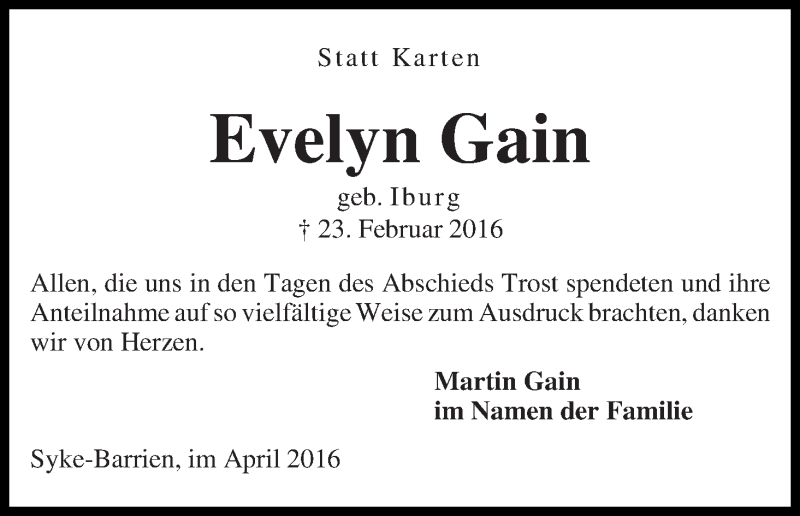 Traueranzeige von Evelyn Gain von WESER-KURIER