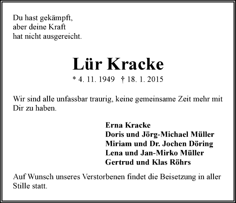 Traueranzeige von Lür Kracke von WESER-KURIER