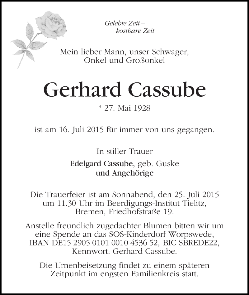 Traueranzeige von Gerhard Cassube von WESER-KURIER
