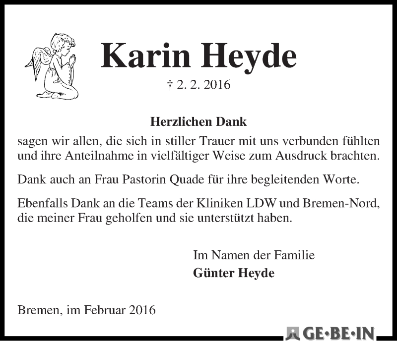 Traueranzeige von Karin Heyde von WESER-KURIER