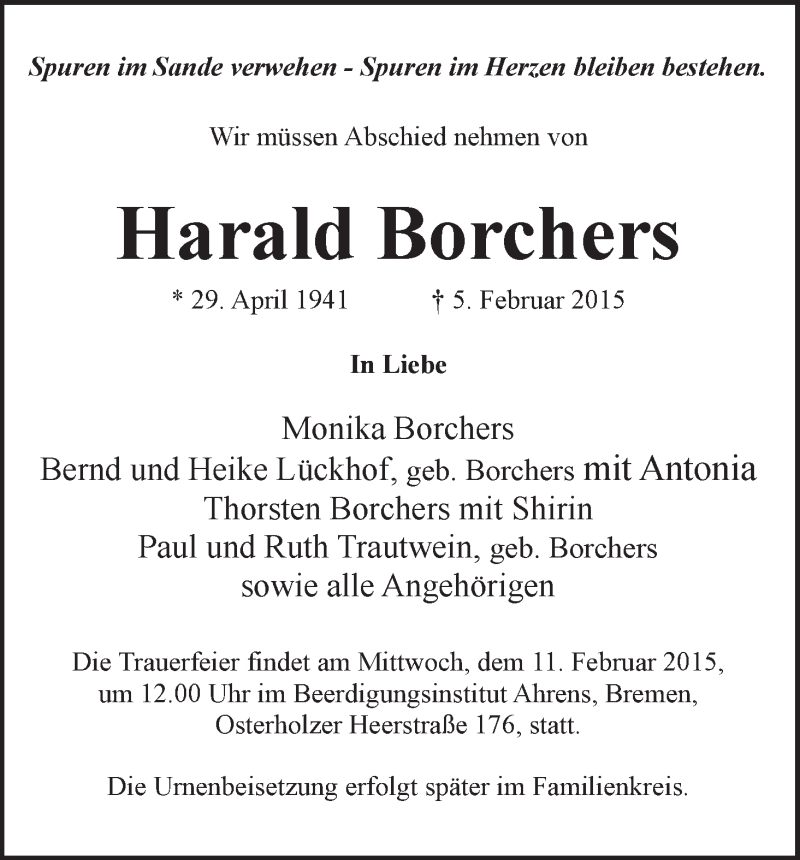 Traueranzeige von Harald Borchers von WESER-KURIER