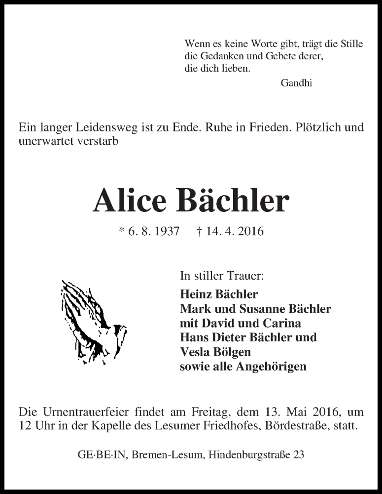 Traueranzeige von Alice Bächler von Die Norddeutsche