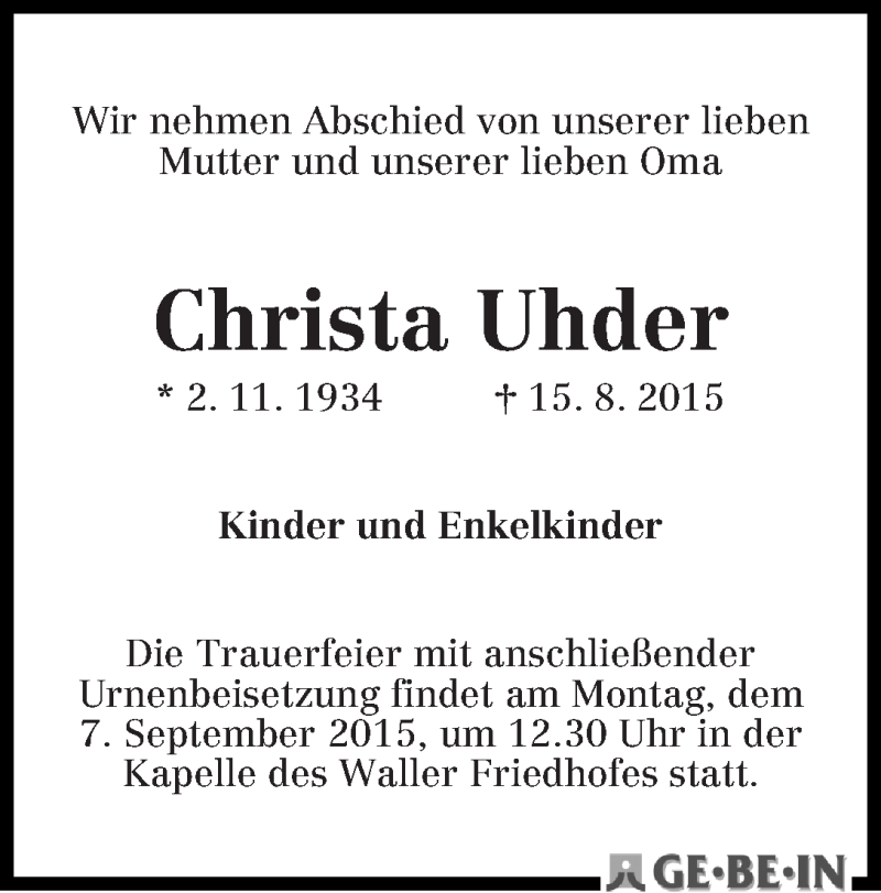  Traueranzeige für Christa Uhder vom 02.09.2015 aus WESER-KURIER