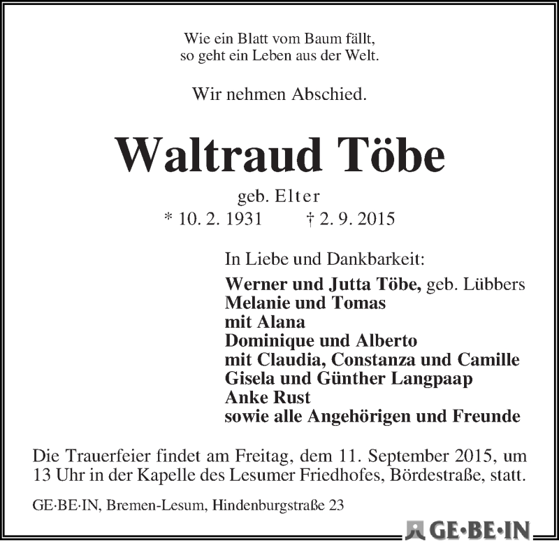 Traueranzeige von Waltraud Töbe von Die Norddeutsche