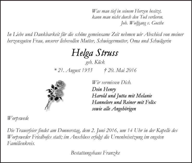 Traueranzeige von Helga Struss von Wuemme Zeitung
