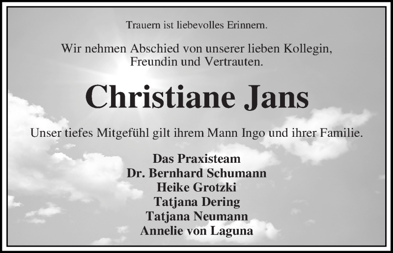 Traueranzeige für Christiane Jans vom 10.01.2015 aus WESER-KURIER