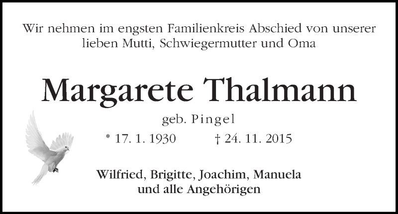  Traueranzeige für Margarete Thalmann vom 28.11.2015 aus WESER-KURIER