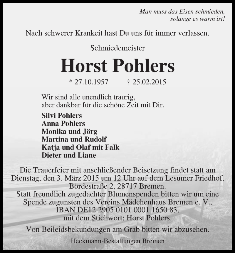  Traueranzeige für Horst Pohlers vom 28.02.2015 aus WESER-KURIER