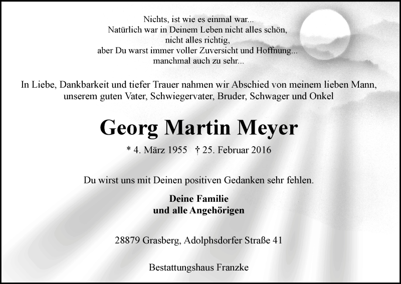 Traueranzeige von Georg Martin Meyer von Wuemme Zeitung