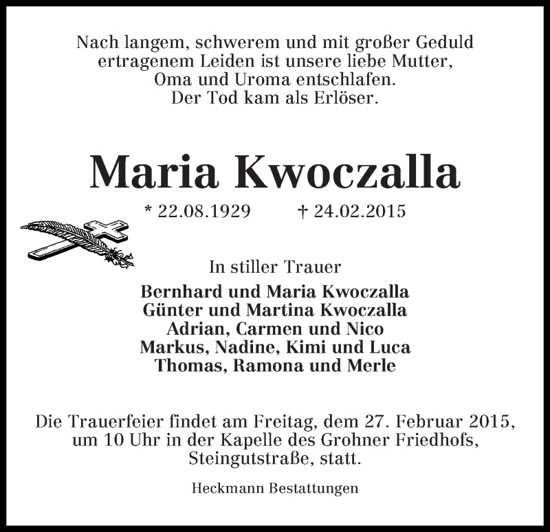 Traueranzeige von Maria Kwoczalla von Die Norddeutsche