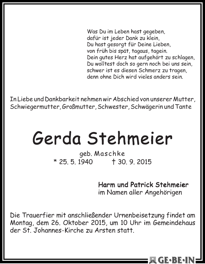 Traueranzeige von Gerda Stehmeier von WESER-KURIER