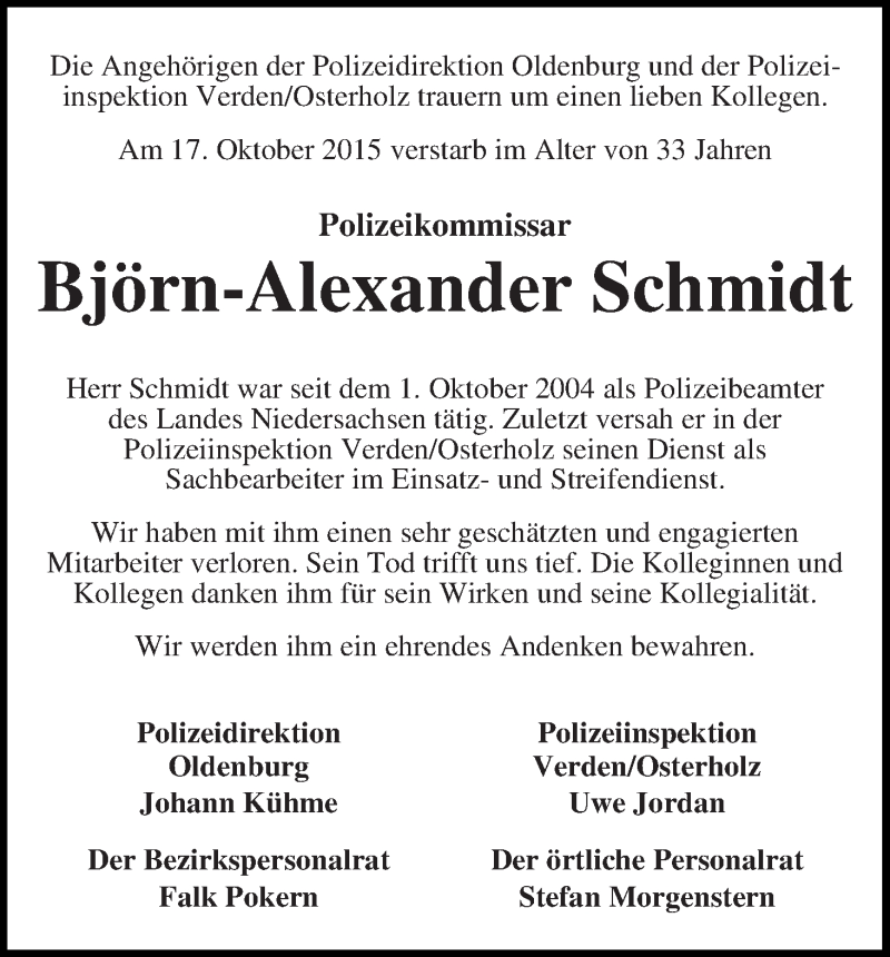  Traueranzeige für Björn-Alexander Schmidt vom 29.10.2015 aus Achimer Kurier/Verdener Nachrichten