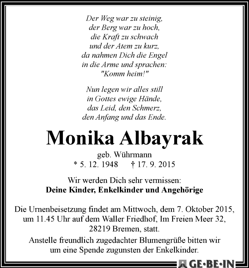 Traueranzeige von Monika Albayrak von WESER-KURIER