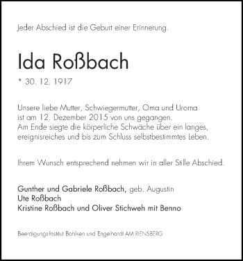 Traueranzeige von Ida Roßbach