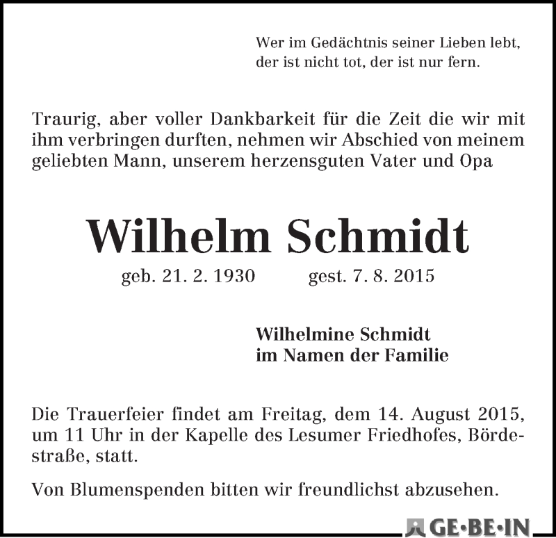 Traueranzeige von Wilhelm Schmidt von WESER-KURIER