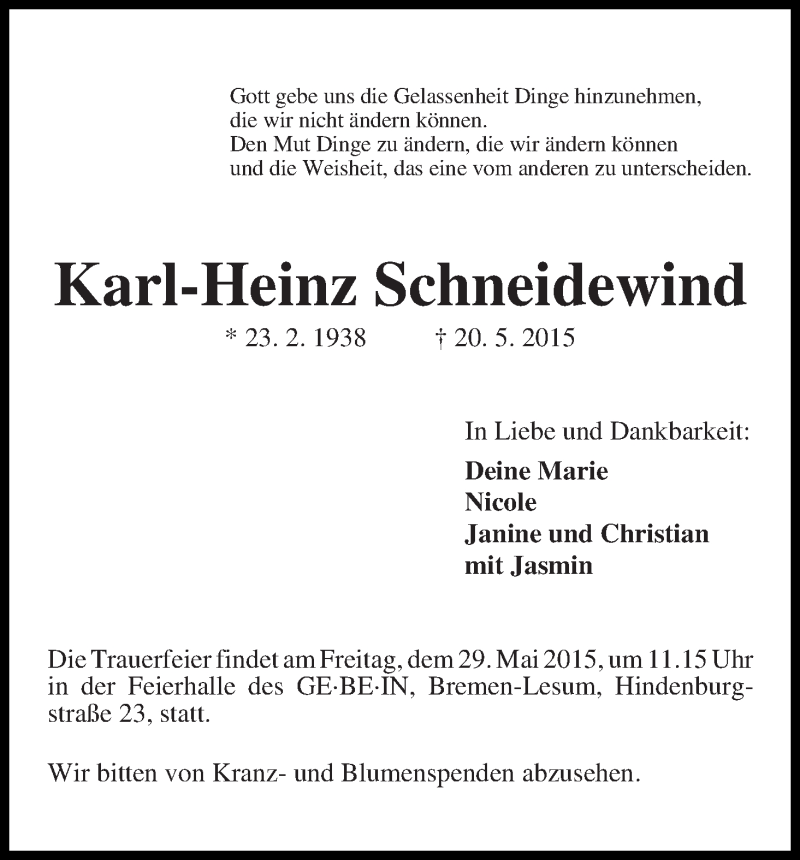 Traueranzeige von Karl-Heinz Schneidewind von Die Norddeutsche