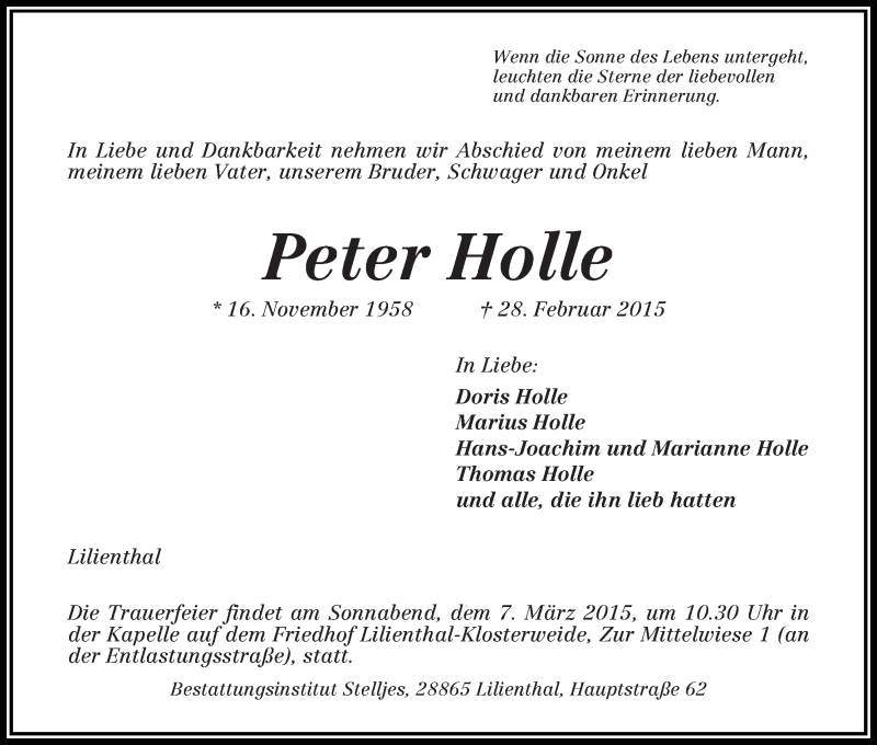 Traueranzeige von Peter Holle von Wuemme Zeitung