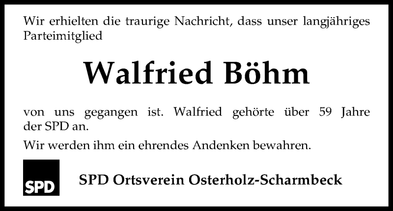 Traueranzeige von Walfried Böhm von Osterholzer Kreisblatt