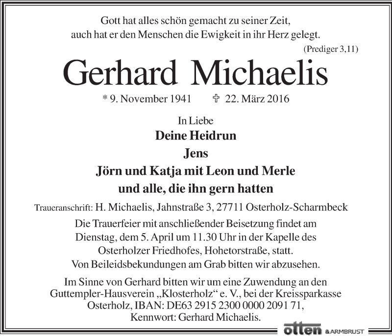 Traueranzeige von Gerhard Michaelis von Osterholzer Kreisblatt