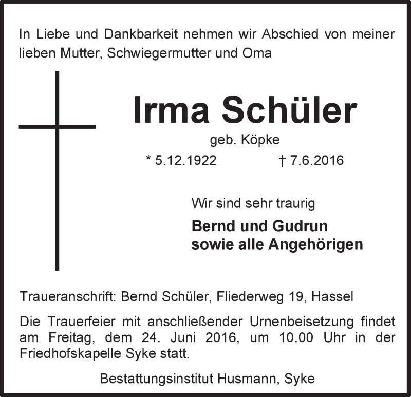 Traueranzeige von Irma Schüler von Die Norddeutsche