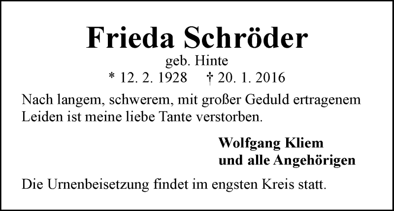 Traueranzeige von Frieda Schröder von Die Norddeutsche