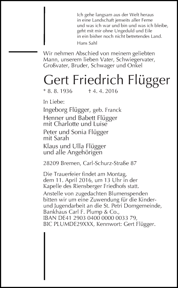 Traueranzeige von Gert Friedrich Flügger von WESER-KURIER