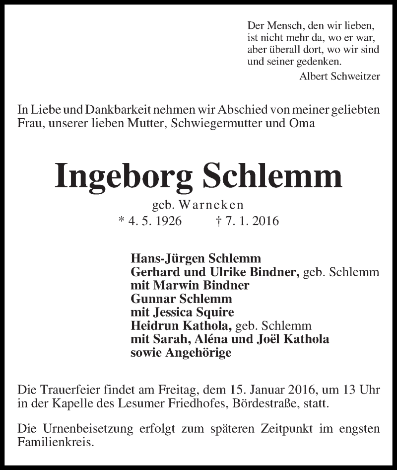 Traueranzeige von Ingeborg Schlemm von WESER-KURIER