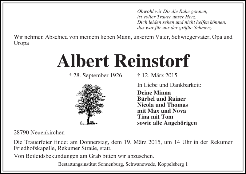 Traueranzeige von Albert Reinstorf von Die Norddeutsche