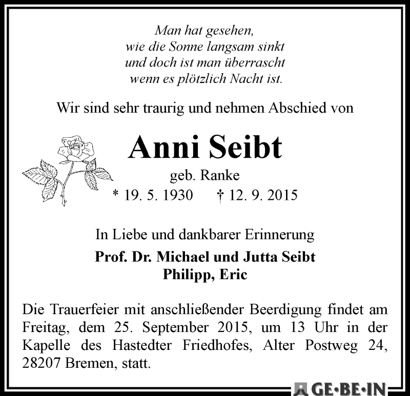 Traueranzeige von Anni Seibt von WESER-KURIER