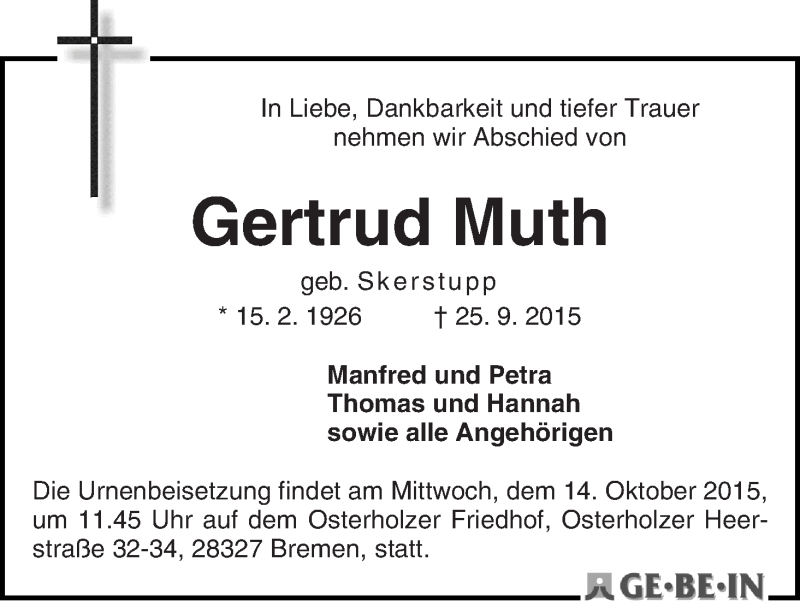 Traueranzeige von Gertrud Muth von WESER-KURIER