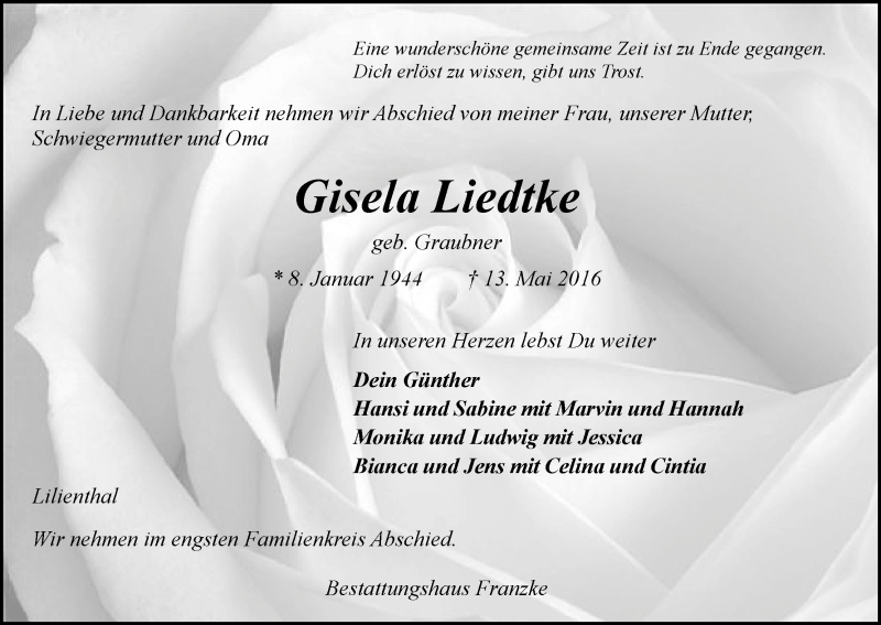 Traueranzeige von Gisela Liedtke von Wuemme Zeitung