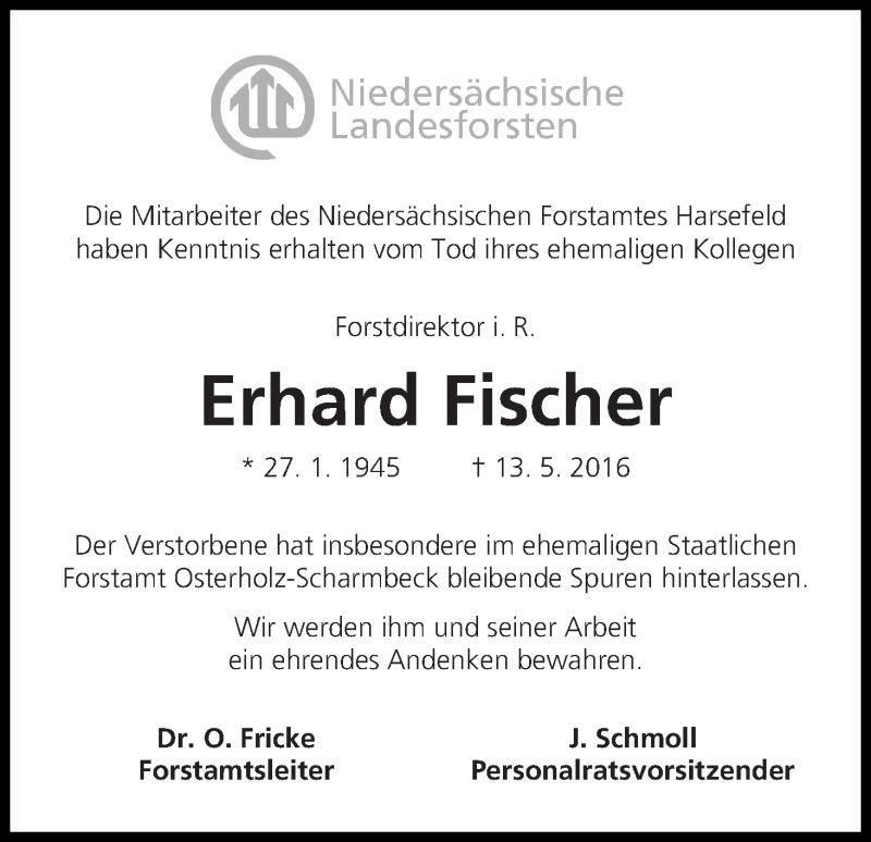 Traueranzeige von Erhard Fischer von Osterholzer Kreisblatt
