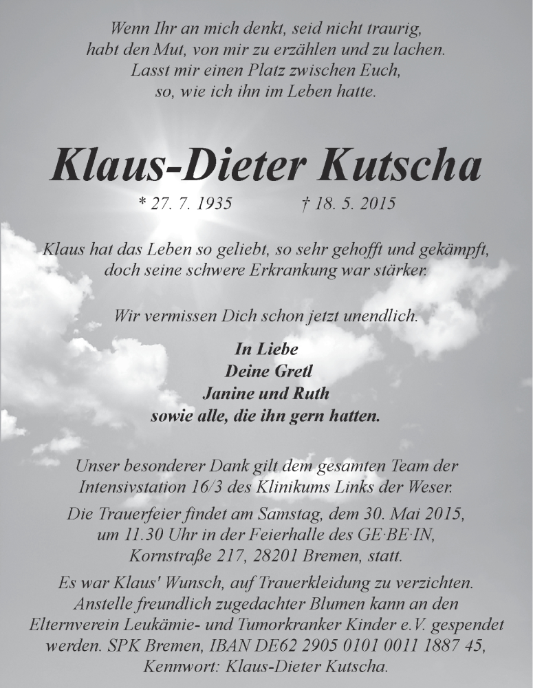  Traueranzeige für Klaus-Dieter Kutscha vom 23.05.2015 aus WESER-KURIER
