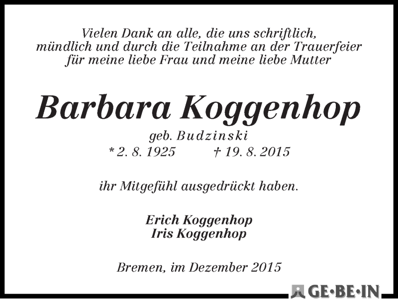 Traueranzeige von Barbara Koggenhop von WESER-KURIER
