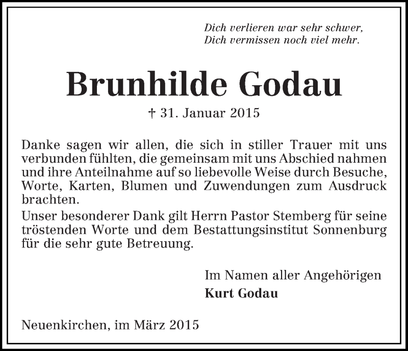 Traueranzeige von Brunhilde Godau von Die Norddeutsche