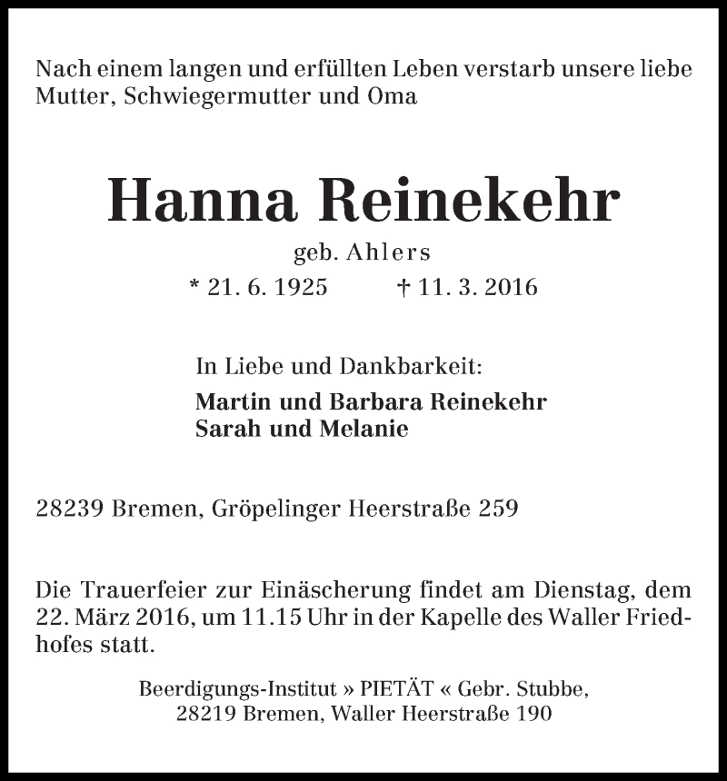 Traueranzeige von Hanna Reinekehr von WESER-KURIER