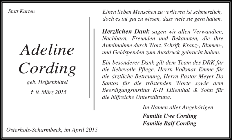Traueranzeige von Adeline Cording von Osterholzer Kreisblatt