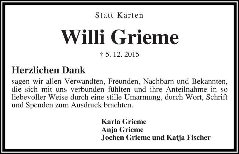 Traueranzeige von Wilhelm Grieme von WESER-KURIER