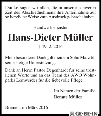 Traueranzeige von Hans-Dieter Müller