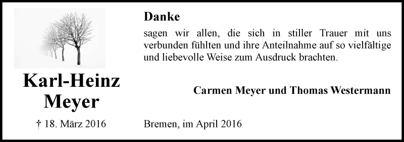  Traueranzeige für Karl-Heinz Meyer vom 23.04.2016 aus WESER-KURIER