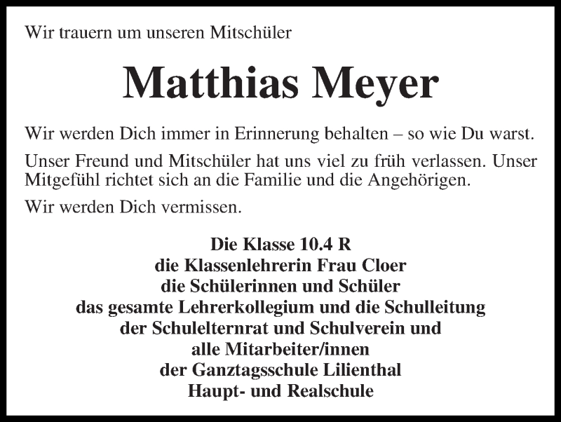  Traueranzeige für Matthias Meyer vom 14.01.2015 aus Wuemme Zeitung