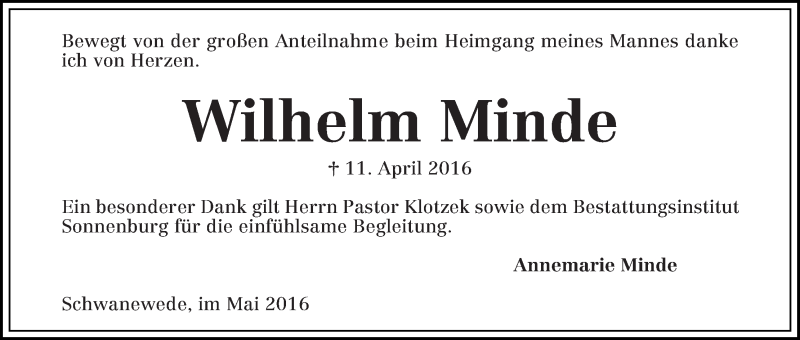 Traueranzeige von Wilhelm Minde von Die Norddeutsche