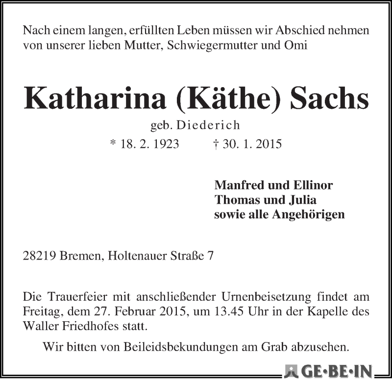 Traueranzeige von Katharina (Käthe) Sachs von WESER-KURIER