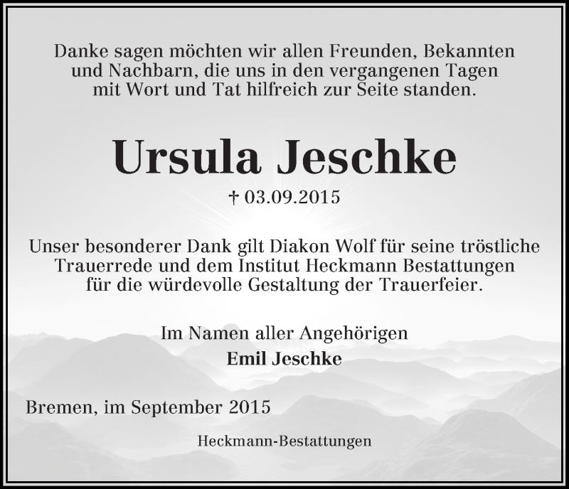 Traueranzeige von Ursula Jeschke von Die Norddeutsche