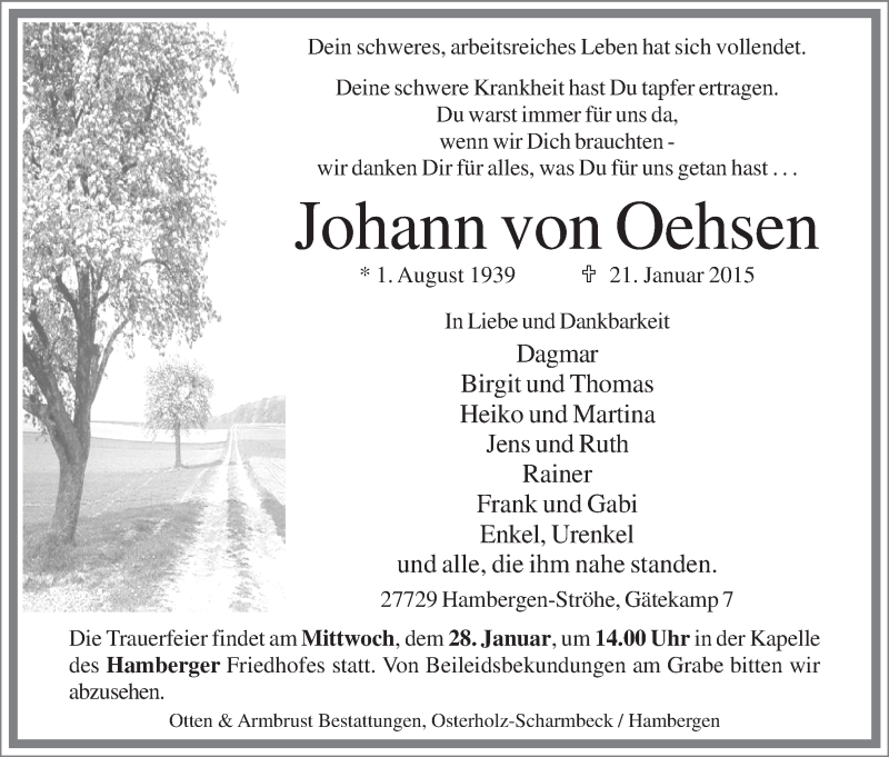 Traueranzeige von Johann von Oehsen von Osterholzer Kreisblatt