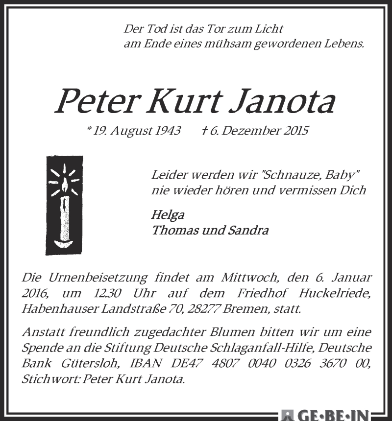 Traueranzeige von Peter Kurt Janota von WESER-KURIER