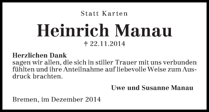 Traueranzeige von Heinrich Manau von WESER-KURIER