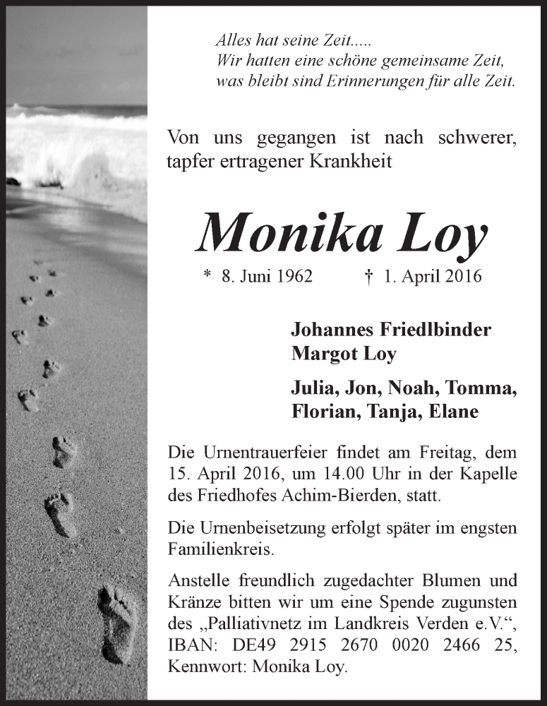 Traueranzeige von Monika Loy von WESER-KURIER