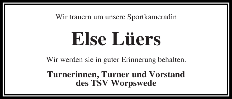 Traueranzeige von Else Lüers von Wuemme Zeitung